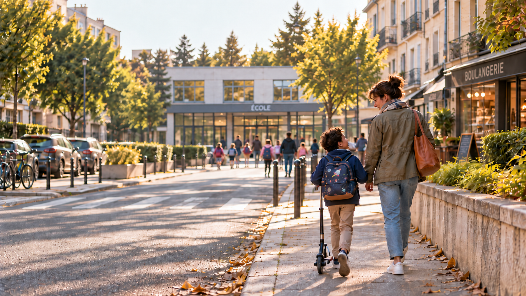 Une mère et son enfant marchent vers l'école, tôt le matin, dans une rue ordinaire