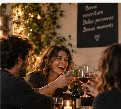 Des amis attablés, en train de rire et de trinquer lors d'un dîner