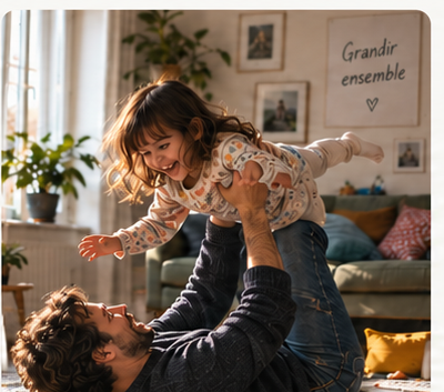 Un père qui soulève son enfant à bout de bras dans le salon