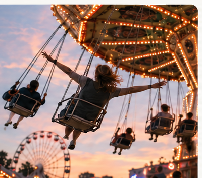 Une personne bras ouverts dans les chaises volantes d'une fête foraine, au crépuscule