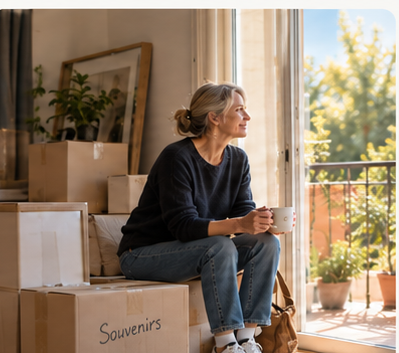 Une femme assise parmi des cartons de déménagement, dont l'un porte le mot Souvenirs, le regard vers la fenêtre
