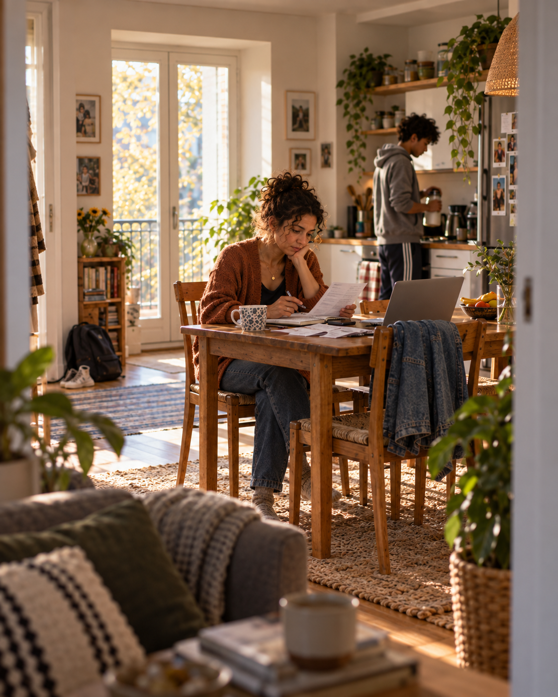 Une femme assise à la table de la salle à manger, un papier en main, tandis qu'un adolescent prépare quelque chose dans la cuisine en arrière-plan